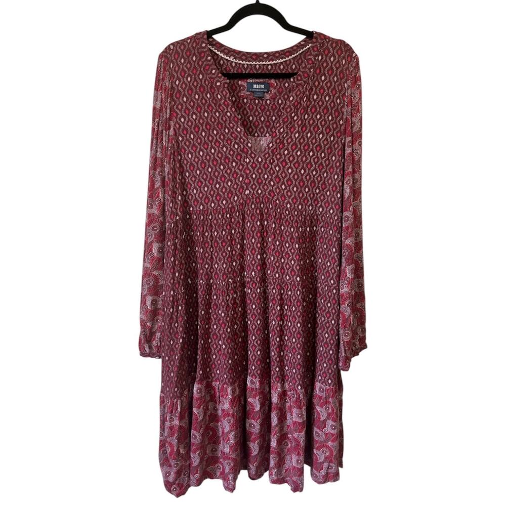 Anthropologie Maeve Amber Tiered Tunic XL Boho Long Sleeve Babydoll Red Dress